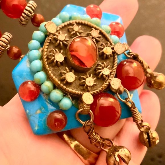 Handmade NECKLACE TURQ HOWLITE/CARNELIAN STONE UNIQUE VINTAGE AFGHAN Silver - Picture 2 of 16